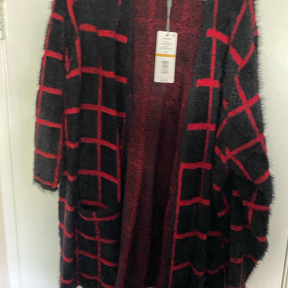 Fuzzy black and red cardigan